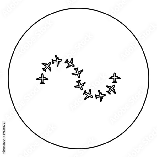 Route from airplanes flight tourism path plane flights adventure time concept itinerary fly icon in circle round black color vector illustration image outline contour line thin style
