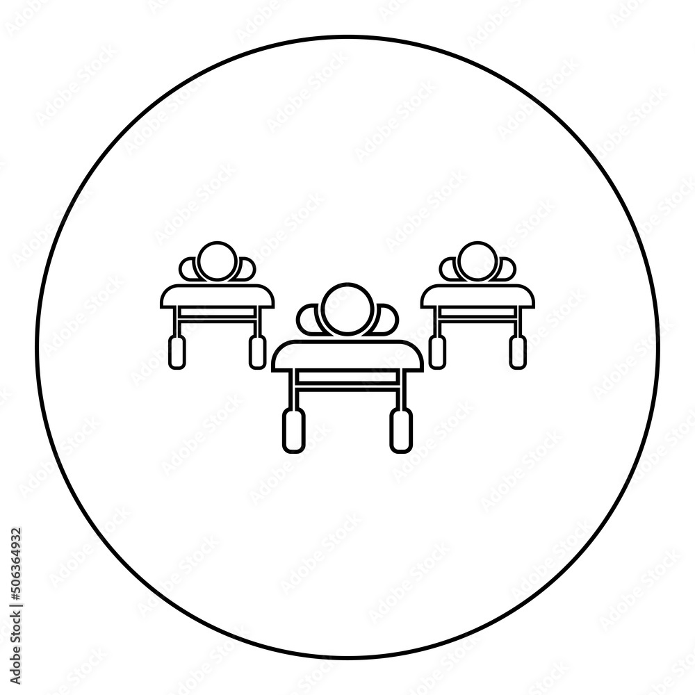 Patients on couches is lying hospital pandemic concept clinic epidemic icon in circle round black color vector illustration image outline contour line thin style Patients on couches is lying hospital pandemic concept clinic epidemic icon in circle round black color vector illustration image outline contour line thin style