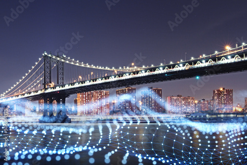 Modern city background with abstract polygonal wave waterfront mesh at night. Double exposure.