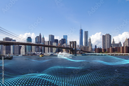 Urban city background with abstract polygonal wave waterfront mesh and daylight. Double exposure.