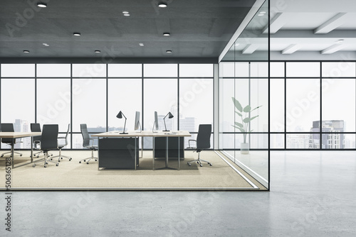 Minimalistic glass office interior with window and city view  furniture and equipment. Workplace concept. 3D Rendering.