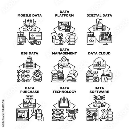 Data Technology Set Icons Vector Illustrations. Mobile Big Digital Data Technology And Software Purchase, Management And DevelopingCloud Storage And Network Platform Black Illustration