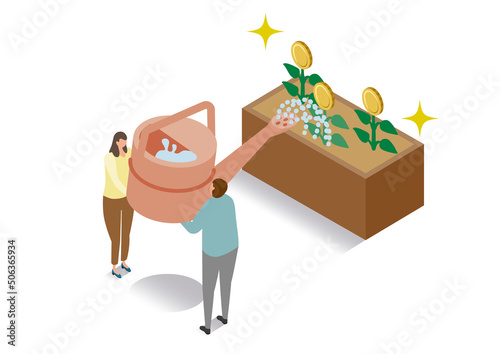 アイソメトリック_お金の花を育てる男女