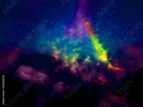 Milky Way and colorful light at mountains. Night colorful landscape. Starry sky with hills. Beautiful Universe. Space background with galaxy. Travel background © Tovin