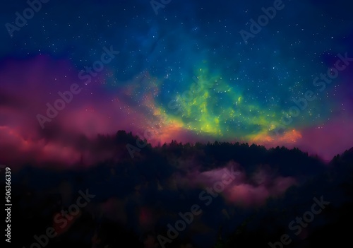 Milky Way and colorful light at mountains. Night colorful landscape. Starry sky with hills. Beautiful Universe. Space background with galaxy. Travel background