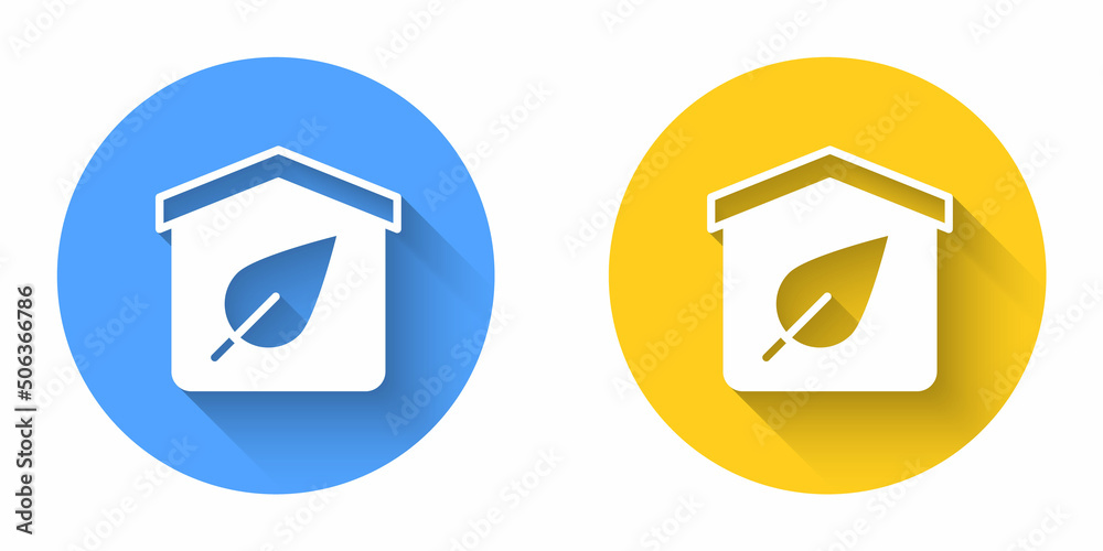 White Eco friendly house icon isolated with long shadow background. Eco house with leaf. Circle button. Vector White Eco friendly house icon isolated with long shadow background. Eco house with leaf. Circle button. Vector