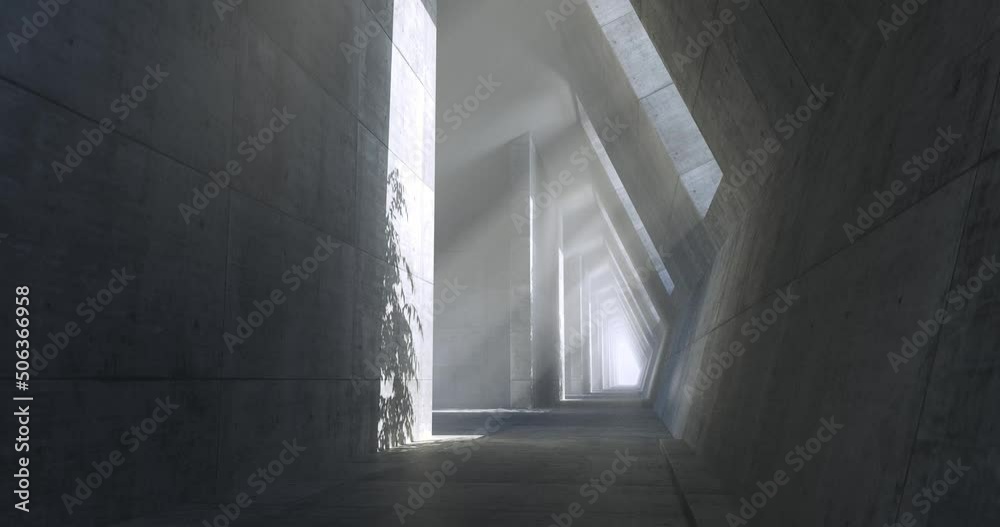 Empty, concrete corridor with volumetric lighting from side wall openings and with shadows from trees - industrial interior background template, looping 3D animation.