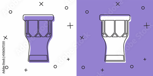 Set African percussion drum icon isolated on white and purple background. Musical instrument. Vector