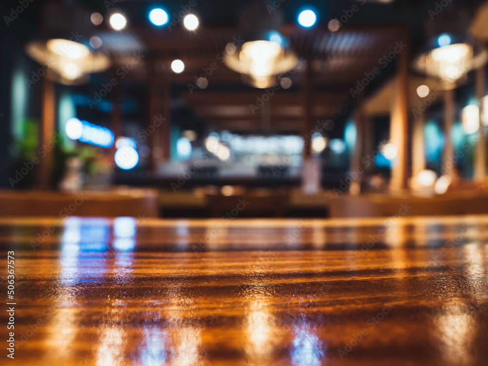 Table top wooden counter Bar Restaurant Interior Blur background