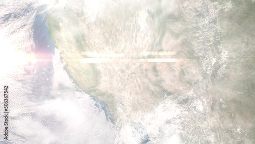 Earth zoom in from outer space to city. Zooming on North Las Vegas, Nevada, USA. The animation continues by zoom out through clouds and atmosphere into space. Images from NASA
