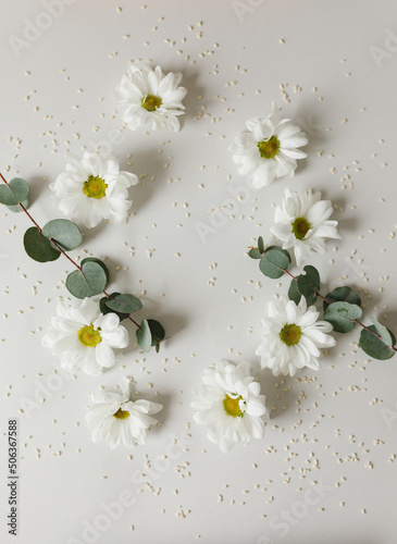 Layout of flowers and greenery on a gray background. Flatlay.