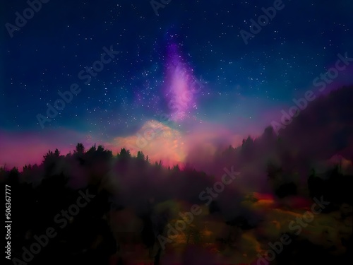 Milky Way and colorful light at mountains. Night colorful landscape. Starry sky with hills. Beautiful Universe. Space background with galaxy. Travel background