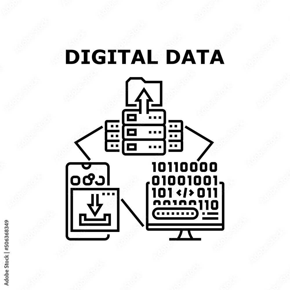 Digital Data Vector Icon Concept. Digital Data Storaging On Server Electronic Equipment And Download On Smartphone Device. Binary Code With Media File Information Black Illustration