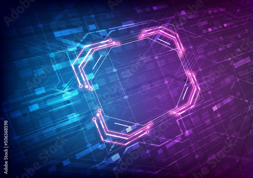 Abstract perspective hardware and software background. Circuit board, Chip processor, Mainboard and code programmer. Hi-tech computer engineer. Pixels screen and database coding. Neon light effect