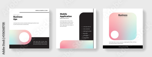 Trendy social media layouts with gradient accent, clean editable graphic templates for web, black contrast elements, instagram and facebook, square design for banner advert, rainbow, minimalistic