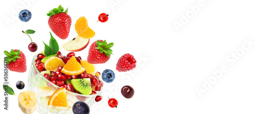 Mixed fruits on white background. Fruit salad. Falling fruits. © seralex