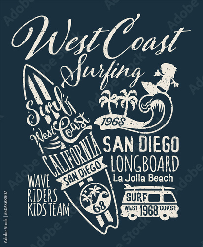 California Long beach kids surfing team vector print for children shirt grunge effect in separate layer