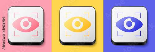 Isometric Big brother electronic eye icon isolated on pink, yellow and blue background. Global surveillance technology, computer systems and networks security. Square button. Vector