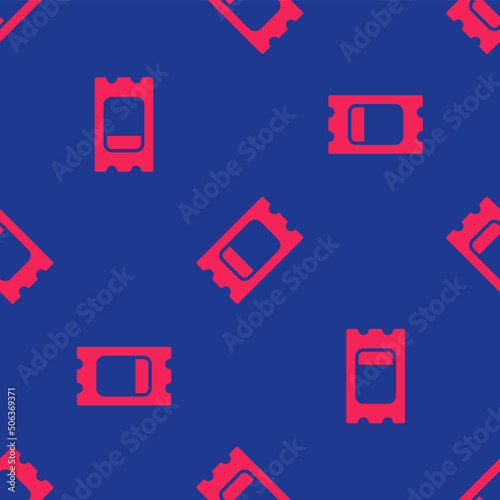 Red Circus ticket icon isolated seamless pattern on blue background. Amusement park. Vector