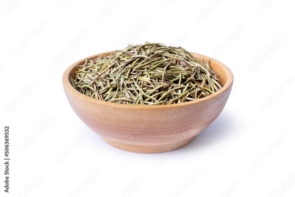 Dried rosemary leaf in wooden bowl isolated on white background with clipping path.