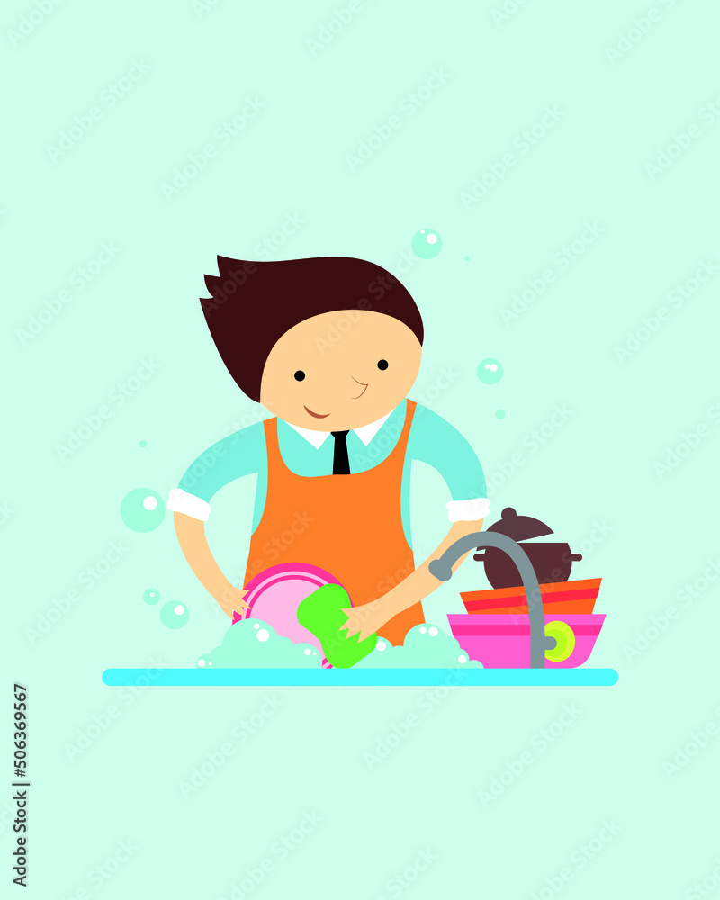 Boy washing dishes in the kitchen