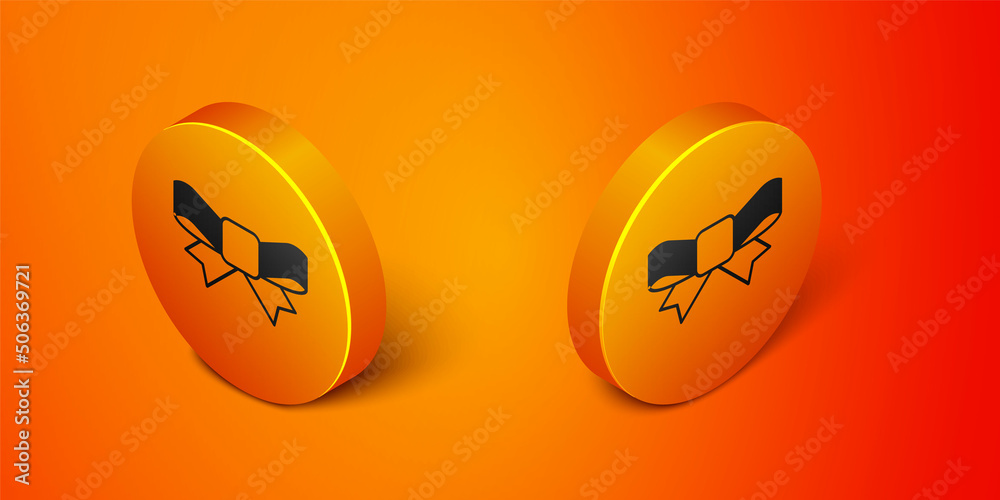 Isometric Gift bow icon isolated on orange background. Orange circle button. Vector Isometric Gift bow icon isolated on orange background. Orange circle button. Vector