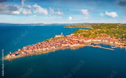 Old coastal Piran town. Splendid outdoor scene of Slovenia’s Adriatic coast with beautiful Venetian architecture. Beautiful Mediterranean seascape. Traveling concept background..