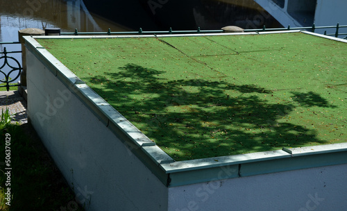 Plastic carpet on the roof of the building. The green beetle replaces the lawn which looks hako alive and real. flat-roofed buildings, garages, family houses by the river photo