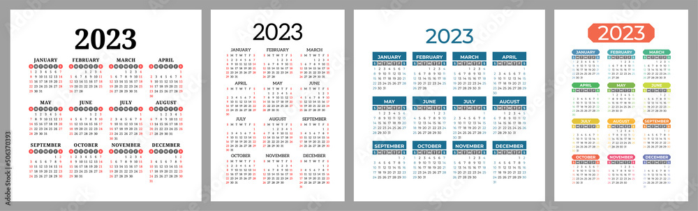 Calendar 2023 year set. Vector template collection. Ready design. Week