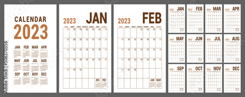 Planner 2023 year. English brown vector vertical calendar template. Design collection. New year. Week starts on Sunday