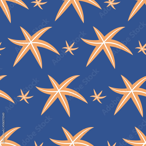 Vector blue and orange pattern with shells. Beautiful colorful starfish. Stars for textiles, postcards and other products.