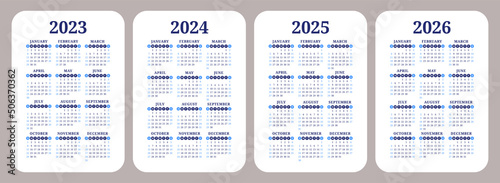 2023, 2024, 2025 and 2026 calendar set. Color vector pocket calender design. Week starts on Sunday. January, February, March, April, May, June, July, August, September, October, November, December