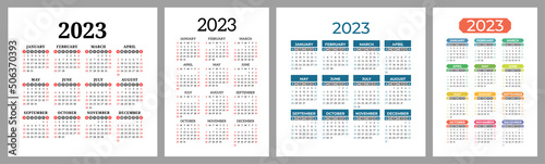 Calendar 2023 year set. Vector template collection. Ready design. Week starts on Sunday. January, February, March, April, May, June, July, August, September, October, November, December