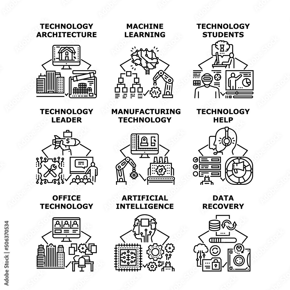 Fototapeta premium Technology Help Set Icons Vector Illustrations. Technology Help And Learning, Architecture And Manufacturing, Office Electronic Equipment And Data Recovery, Student Learn And Leader Black Illustration