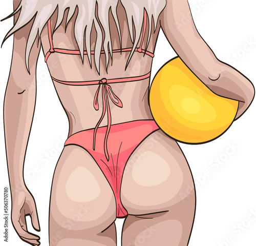 Sexy girl in bikini with beautiful booty and long blond hair holding a yellow ball in her hand isolated on white background