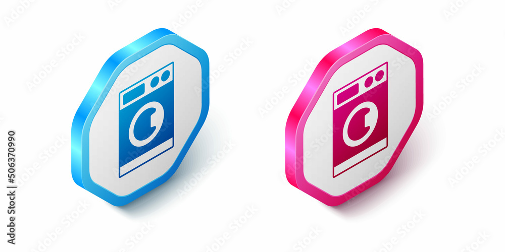 Isometric Washer icon isolated on white background. Washing machine icon. Clothes washer - laundry machine. Home appliance symbol. Hexagon button. Vector Isometric Washer icon isolated on white background. Washing machine icon. Clothes washer - laundry machine. Home appliance symbol. Hexagon button. Vector