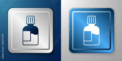 White Mouthwash plastic bottle icon isolated on blue and grey background. Liquid for rinsing mouth. Oralcare equipment. Silver and blue square button. Vector