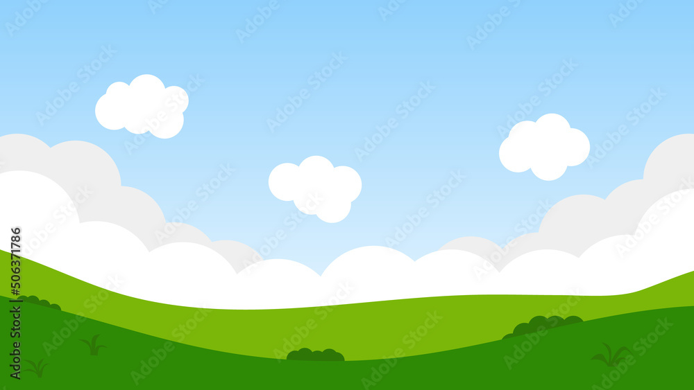 landscape cartoon scene with green hills and white cloud in summer blue sky background