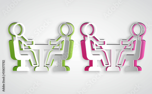 Paper cut Meeting icon isolated on grey background. Business team meeting, discussion concept, analysis, content strategy. Presentation conference. Paper art style. Vector