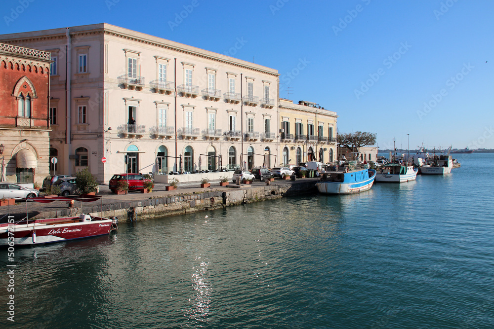 palaces and garibaldi quay in syracusa in sicily (italy) 