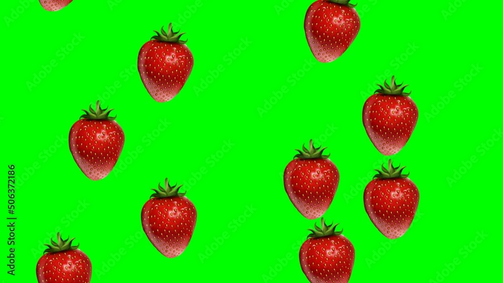 Strawberry  Seamless Loop Animation Falling from above on Green Screen 4K video. 