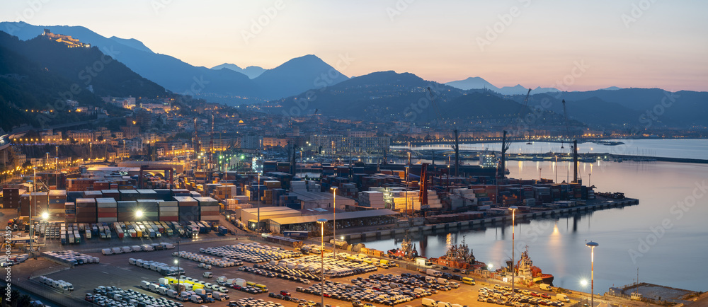Salerno seaport at sunrise-Panorama