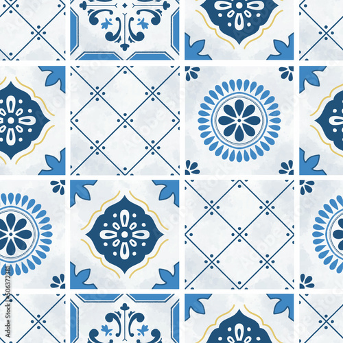 Blue Mediterranean tiles seamless pattern wallpaper	