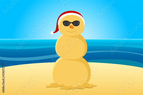 Sand snowman on beach. Vector illustration.