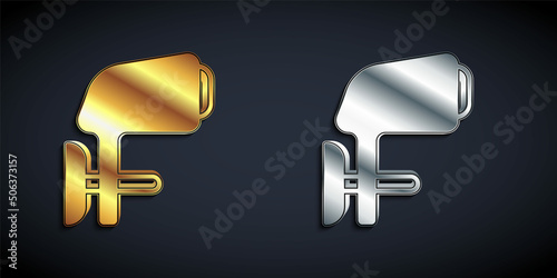 Gold and silver Outboard boat motor icon isolated on black background. Boat engine. Long shadow style. Vector