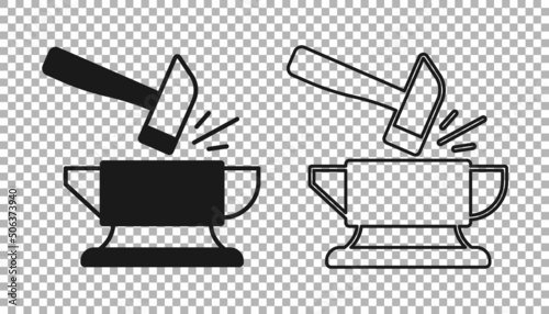 Black Blacksmith anvil tool and hammer icon isolated on transparent background. Metal forging. Forge tool. Vector