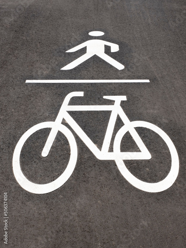 Sign of bicycle lane and pedestrian walkway on road