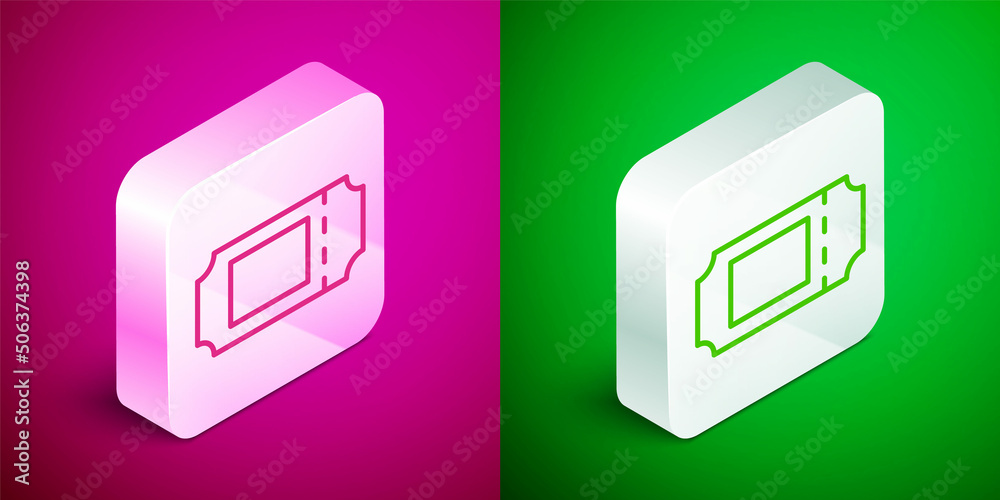 Isometric line Cinema ticket icon isolated on pink and green background. Silver square button. Vector Isometric line Cinema ticket icon isolated on pink and green background. Silver square button. Vector
