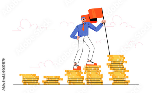 Man climbing on money stairs. Concept of financial goal achievement, success of business, career or investment. Vector flat illustration of businessman with flag on top of gold coins stack