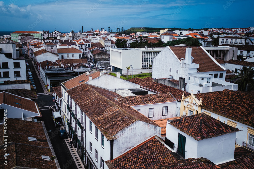 Top view of rooftops in downtown Ponta Delgada on Sao Miguel island, Azores, Portugal.